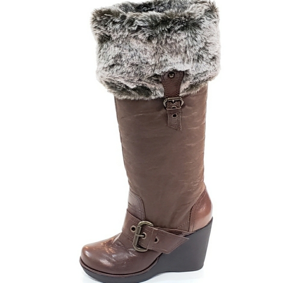Aldo Tall Wedge Fur Boots Brown Leather Buckle - Picture 8 of 8